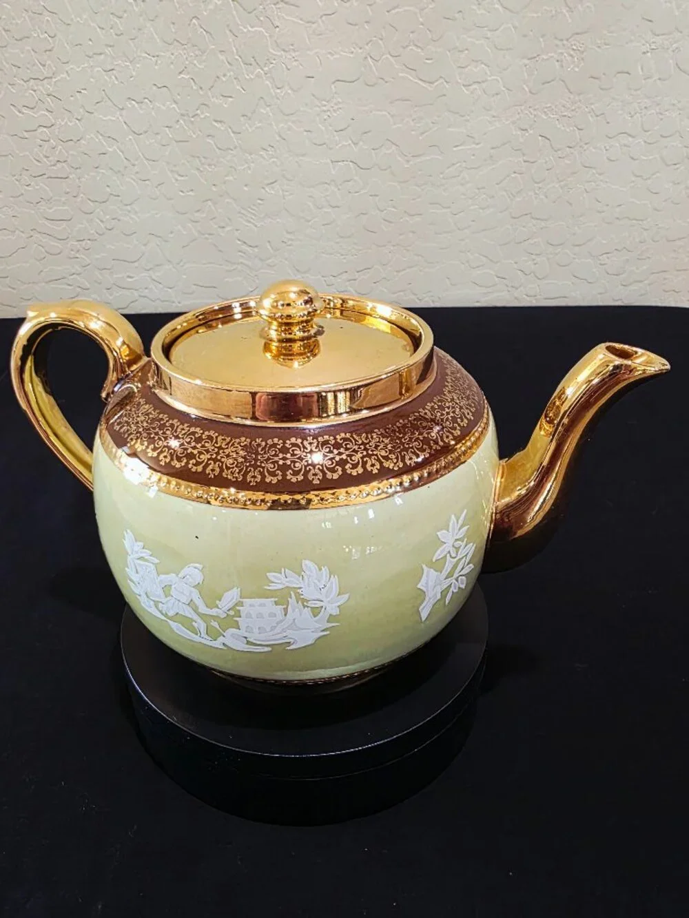 Vintage Teapot SUDLOW'S BURSLEM ENGLAND Green Gold Greek Mythology Porcleain